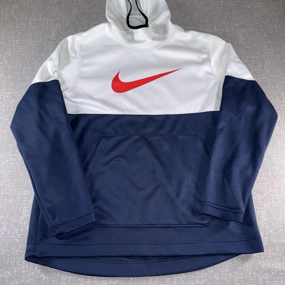 Nike Hoodie Mens XL Blue White Dri-FIT Pullover Kangaroo Pocket Swoosh Logo